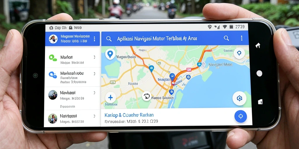 Antarmuka aplikasi Navigasi Motor dengan fitur peta interaktif.