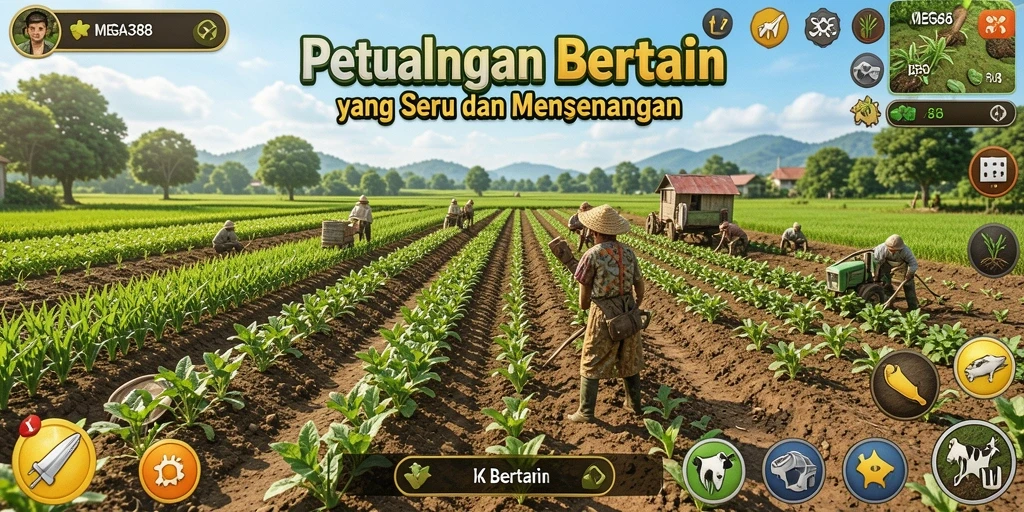 Tampilan antarmuka permainan bertani dengan grafis yang cerah dan interaktif.