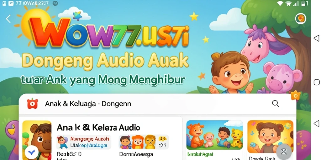 Antarmuka aplikasi WOW77 untuk dongeng audio yang menarik dan ramah anak.
